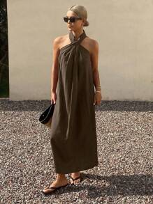 Livesso 女式纯色宽松 V 领挂脖休闲节日连衣裙，夏季 - 棕色 - 查看 3