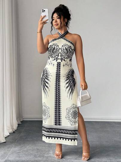 Elenzga Women Plus Size Halter Neck Side Split Fitted Elegant Printed Dress