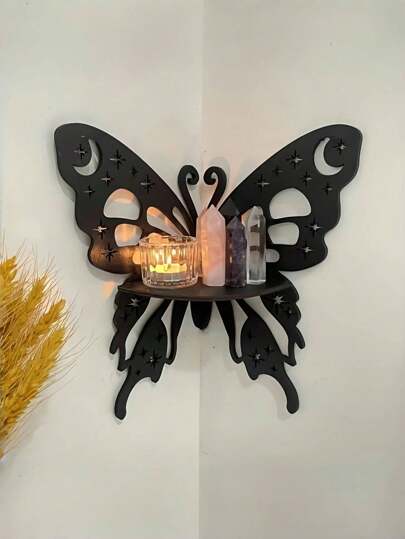 Goth 1pc Black Wooden Butterfly Wall Shelf Hollow Decorative Storage Organizer Minimalist Home Decor For Bedroom Living Room Dorm,Home Decor