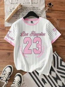 Muchica Áo thun tay ngắn cổ tròn in họa tiết sọc thể thao màu hồng chữ cái tiếng Anh đơn giản, thoải mái dành cho nữ, phù hợp cho mùa hè, mùa thể thao, phong cách đại học, phong cách học sinh, phong cách quý tộc - Nhiều màu - Xem 1