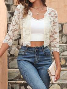 SHEIN LUNE 貝殼邊開門襟短款蕾絲夾克 - 杏色 - 查看 3
