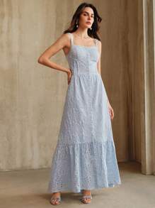 Anewsta 优雅荷叶边镂空刺绣腰部A字长裙女士连衣裙，浅蓝色，适合海滩度假