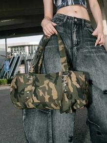 ROMWE Grunge Punk Retro Camouflage & Pentagram Decor Large Capacity Multifunctional Shoulder Bag/Underarm Bag, Y2K Stylish Versatile Tote Bag For Party, Vacation, Social Events, Gathering, Shopping