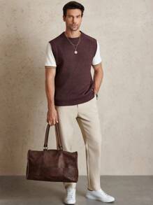 Manfinity Homme 全新时尚拼布设计休闲百搭男士背心 - 咖啡棕 - 查看 5