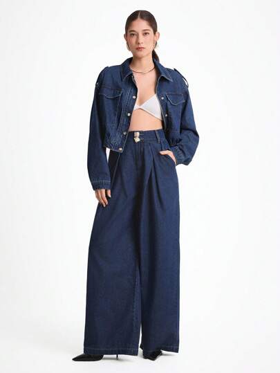 Daynim Áo khoác denim ngắn tay dài thường ngày cho nữ