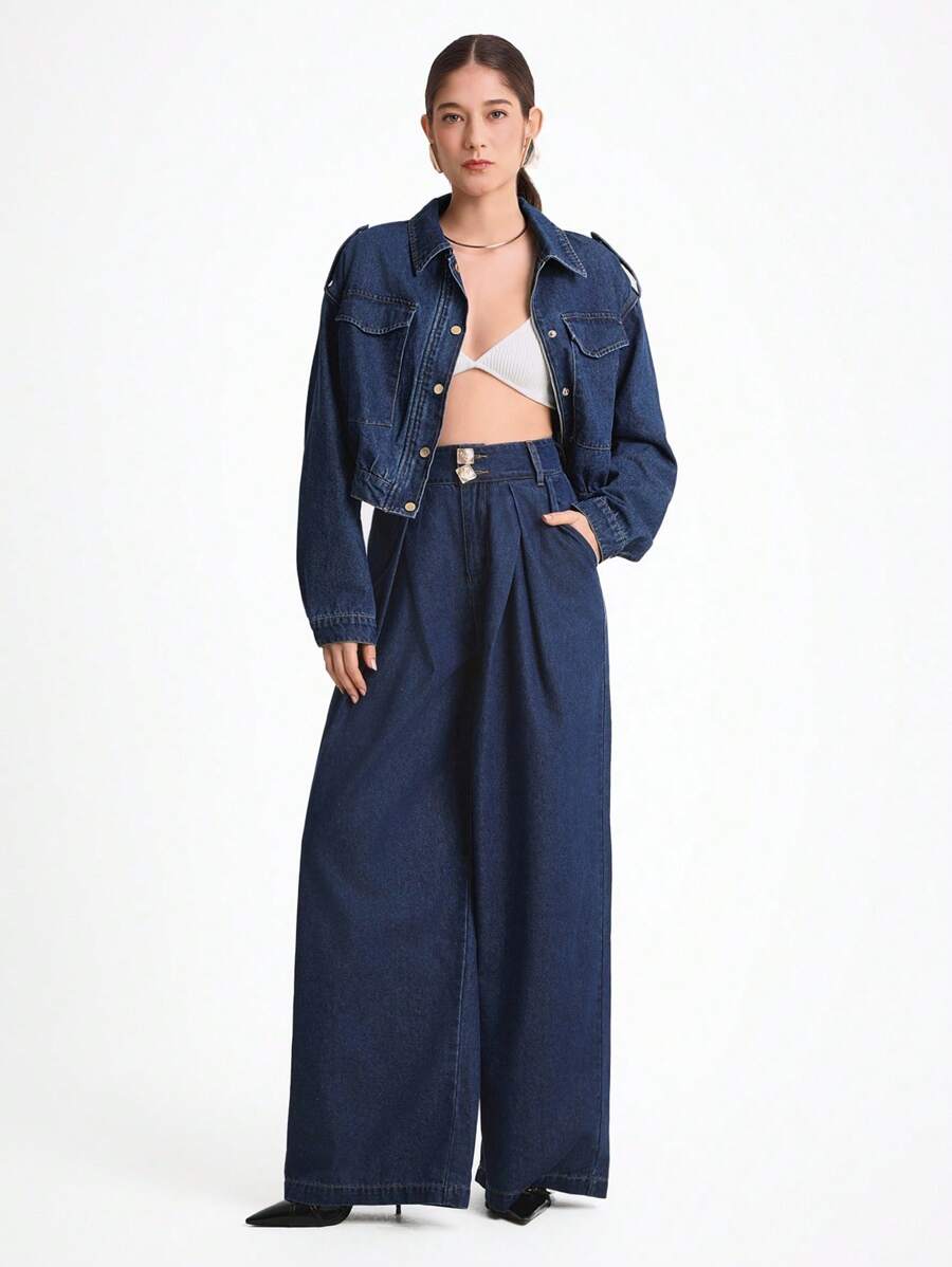 Daynim Women's Casual Long Sleeve Denim Short Jacket Loose Wide Leg Autumn