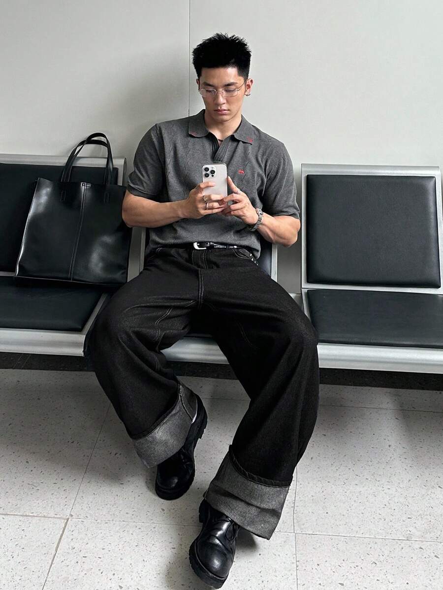 Manfinity VCAY Herren modische Loose Fit Jeans, Grunge - Schwarz - Übersicht 1