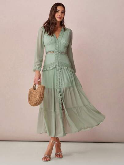 Enchnt Autumn And Winter Romantic Women's Elegant Green Lace Trim Puff Sleeves Maxi Dress, Suitable For Vacation,Sweet&Date&Holiday&Party&Halloween Costumes&Graduation&Beach,Fall Dresses For Women,Fall Clothes, ,Elegant Dresses For Party,Bohemian Clothes