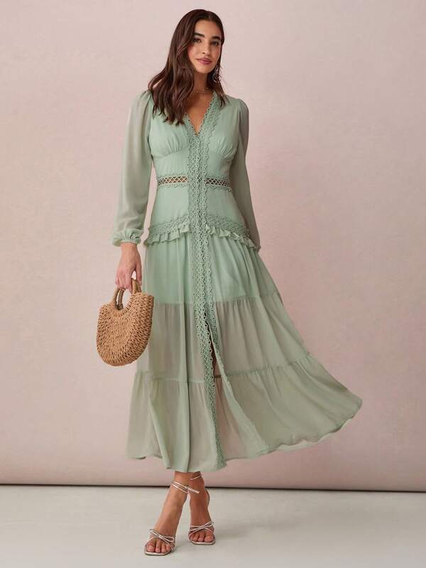 Enchnt Autumn And Winter Romantic Women's Elegant Green Lace Trim Puff Sleeves Maxi Dress, Suitable For Vacation,Sweet&Date&Holiday&Party&Halloween Costumes&Graduation&Beach,Fall Dresses For Women,Fall Clothes, ,Elegant Dresses For Party,Bohemian Clothes