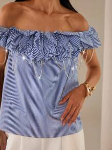 Lilora Women's Fashion Off Shoulder Striped Top With Crystal Chain Decoration, Summer - Blue and White - View 8