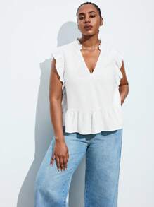 Maija Plus Size White Ruffle Sleeve V-Neck V Neck Casual Top, Fall Autumn Back To School Homecoming Modest Vintage Women Old Money Teacher Romantic, Fashion, Versatile; Comfortable, Stylish, Elegant, Casual, Simple Daily Wear, Essential, Solid Color, Holiday Casual, Decent, Single Lady, Elegant Fashion Business Casual Woman Going Out Tops Graduation Teacher - White - View 4