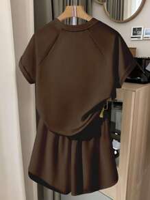 INAWLY 女式休闲插肩袖上衣和短裤两件套 - 咖啡棕 - 查看 2