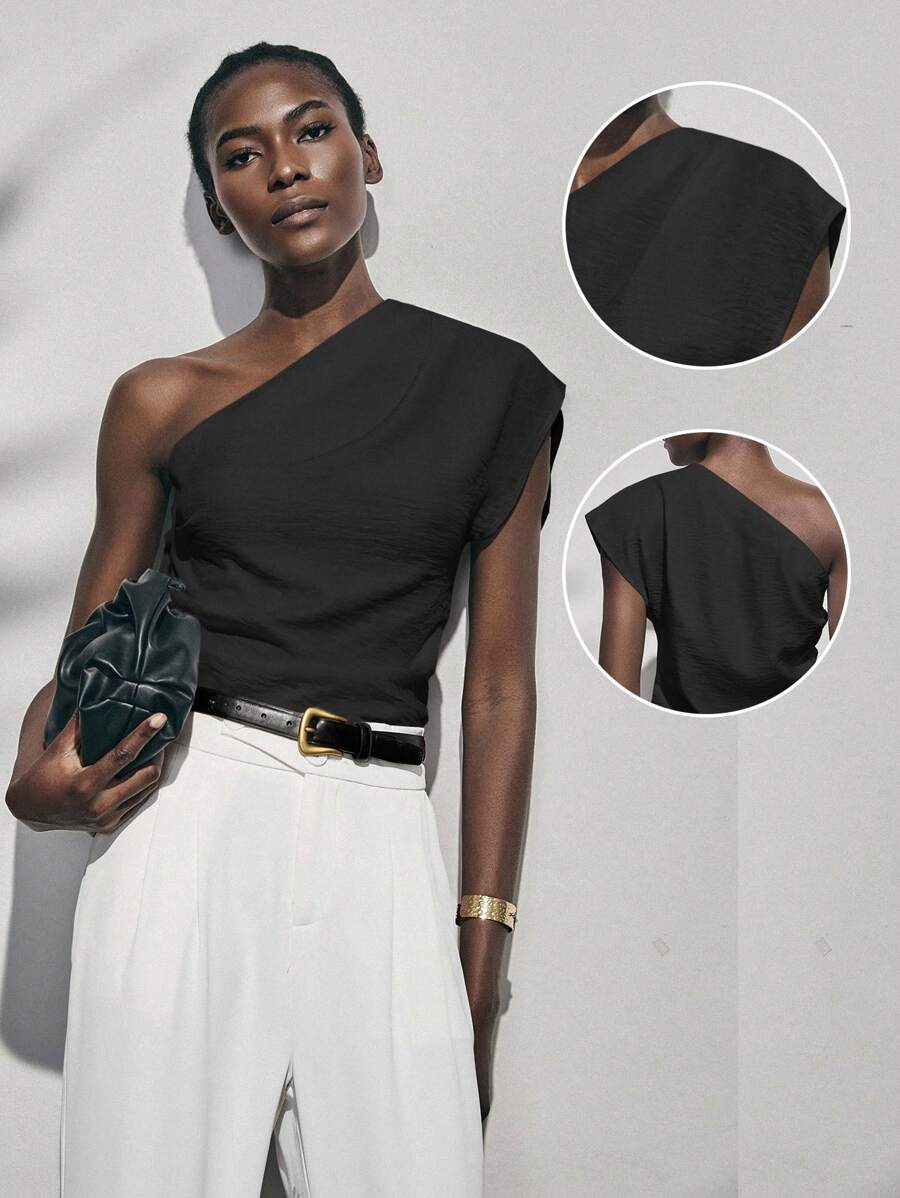 Lumivelle Urban Vibes Women's Elegant Casual Pleated White Loose Fit Asymmetric Shoulder Blouse, Romantic One Shoulder Top One Shoulder Blouse Asymmetrical Top One Sleeve Top - Black - View 1