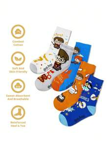 HARRY POTTER X SHEIN 5 双卡通图案棉质柔软透气吸湿排汗儿童中筒袜彩色可爱卡通图案中筒袜加固脚趾和脚跟，经久耐用，男女通用，适合所有季节，百搭，适合学校和户外 - 彩色 - 查看 3