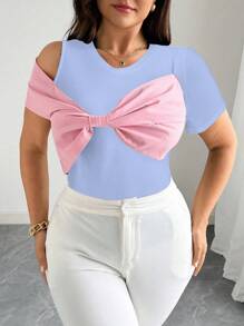 Elenzga Plus Size Faux Bow Decoration Contrast Color Elegant Short Sleeve T-Shirt - Mauve Purple - View 1