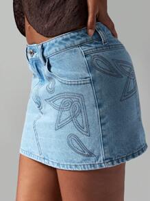 MISSGUIDED Western Embroidered Mini Denim Skirt With Stitch Details Festival Casual Summer Bohemian High Waist A Line Jean Mini Skirt - Medium Wash - View 5
