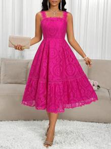 SHEIN Lady 2025 New Floral Lace Ruffle Hem Elegant Maxi Slip Dress For Women Fuchsia Dress Rose Lace Dress - Hot Pink - View 5