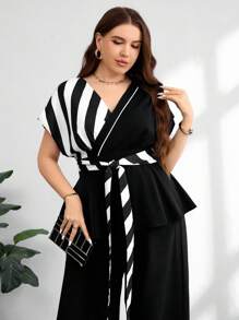 Lacomfia 大码女式黑白条纹拼接 V 领抽绳系腰休闲衬衫 - 黑色 - 查看 1