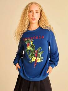 CAJUNI Vacation Casual Summer Tropical Parrot & Plant Print Crew Neck Long Sleeve Hoodie In Fall/Winter - Multicolor - View 6