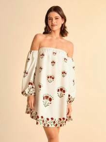 CAJUNI 女士休闲度假米红色花朵单肩印花长袖灯笼袖露肩短裙约会夜服装女士秋季连衣裙女士演唱会服装女士波西米亚风服装 - 彩色 - 查看 1