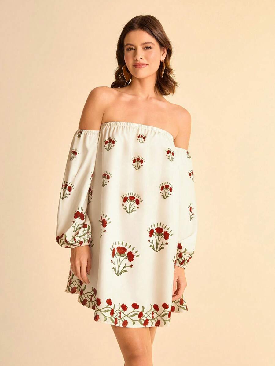 CAJUNI 女士休闲度假米红色花朵单肩印花长袖灯笼袖露肩短裙约会夜服装女士秋季连衣裙女士演唱会服装女士波西米亚风服装 - 彩色 - 查看 1