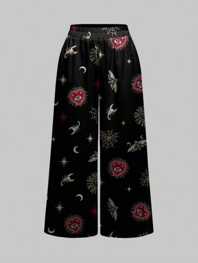 Goth Pantalones anchos de talla grande para mujer con diseños góticos oscuros y misteriosos de corazón, murciélago, sol, luna, estrella, gema, palacio, escorpión, corazón, polilla y telaraña para Halloween