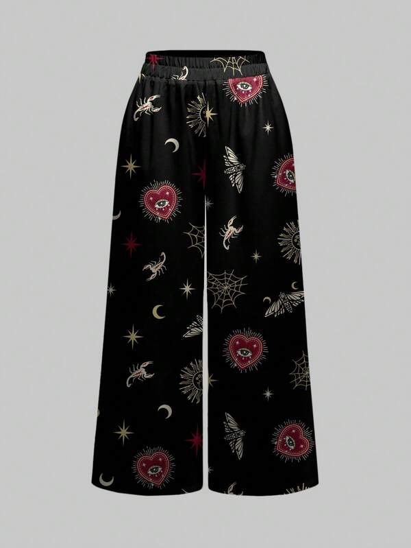 ROMWE Goth 加大码女式哥特式黑暗神秘心蝙蝠太阳月亮星星宝石宫殿蝎子万圣节心飞蛾蜘蛛网阔腿裤