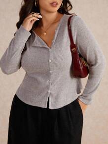 Elaquor Plus Size Women Casual All-Match Solid Color Elastic Ribbed Long Sleeve T-Shirt, Autumn,Business Casual Woman,Fall Clothes For Women - Grey - View 1