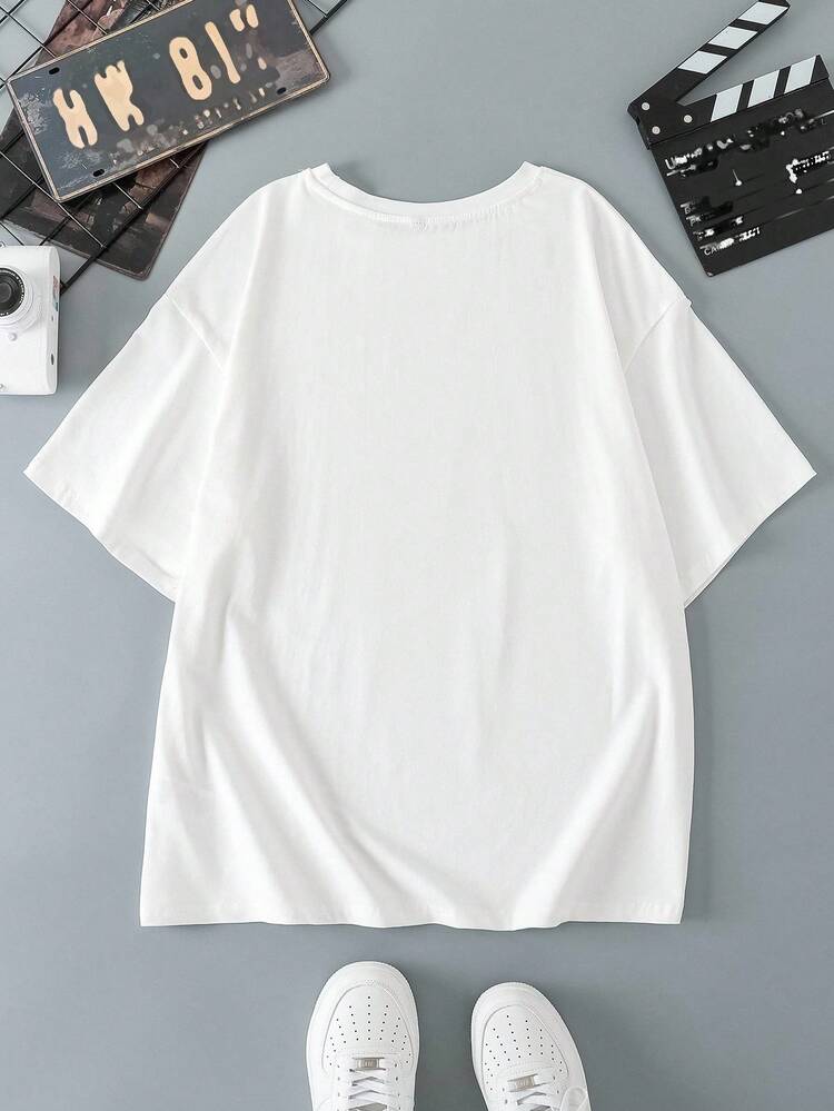 BATMAN X SHEIN 男士休闲字母与人物图案圆领短袖 T 恤，夏季 - 白色 - 查看 2