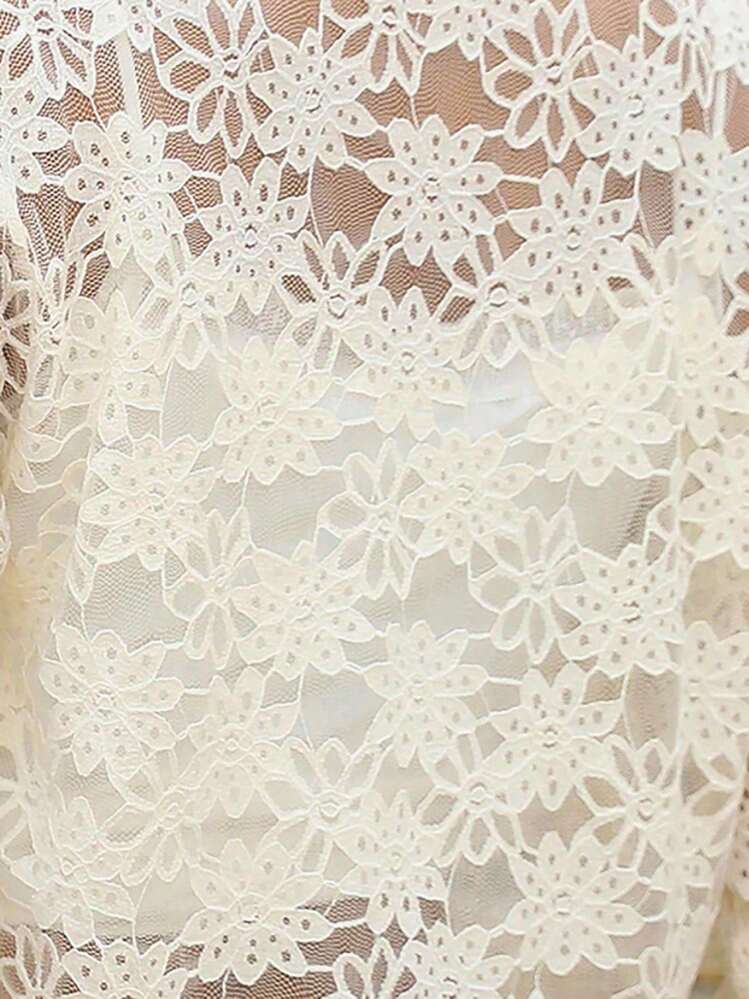 SHEIN LUNE Scallop Trim Open Front Crop Lace Jacket - Apricot - View 7