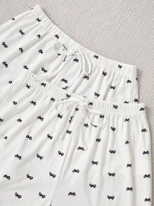 SHEIN 多件套女士蝴蝶结和蕾丝印花吊带背心短裤和长裤睡衣套装 - 白色 - 查看 7