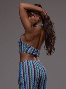 MUSERA High Neck Textured Patterned Crochet Striped Crop Top Only Boho Festival Holiday Summer Vacation Cute Elegant Ibiza Spring - Multicolor - View 2