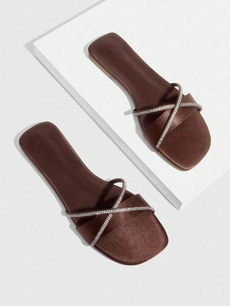 CUCCOO SZL Bronze Satin Criss-Cross Rhinestone Embellished Elegant Open Toe Flat Sandals, Suitable For Summer Outdoor Wear