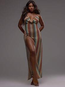 Musera Resort 钩针编织高领露背修身开衩环饰长款罩衫连衣裙，适合沙滩、泳装、性感波西米亚风节日、假日、夏季度假、可爱优雅的伊比沙条纹春季狂欢节 - 彩色 - 查看 5