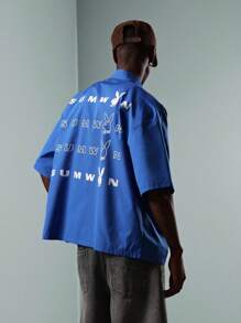 PLAYBOY X SUMWON Camicia sportiva con chiusura lampo, collezione streetwear, stile di vita urbano, logo stampato anteriore e posteriore, casual estivo, leggero, oversize - Blu reale - Visualizzare 1