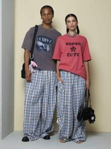 COUREZ 男女皆宜的宽松灯笼格纹褶皱长裤 / Y2K 度假装扮 女装 夏季外出装扮 可爱 - 藍色 - 查看 5