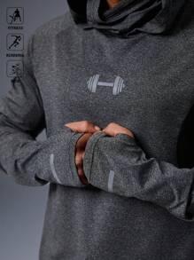 Manfinity Sport Polished Men's Barbell Print Raglan Sleeve Hoodie With Face Mask, Suitable For Fitness, Running, Cycling Ultra Lightweight Sweat-Wicking 4-Way Stretch Material Physique-Enhancing Seamless Design Hooded For Workout Gym Top