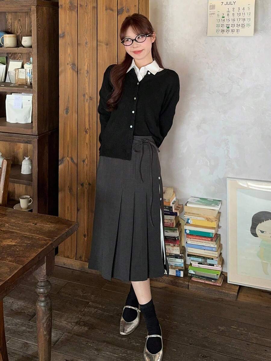 DAZY 女士可爱百褶中长裙秋季半身裙 - 灰色 - 查看 1