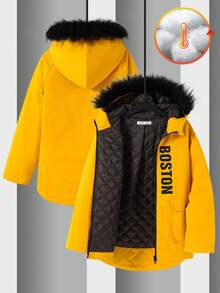 SHEIN Kids Tween Boys Casual Hooded PU Leather Tape Thick Zip-Up Parka Coat, Winter Coat Kids Coat Girls Winter Coat Girls Jacket With Hood Yellow Coat For Girls Tween Girls Coat First Day Of School, Start Of School Season  Winter Autumn Boys Boy Kids Boys Kids Boy Teen Boys Fall - Yellow - View 9