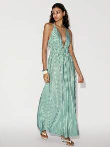 Lumivelle 女士褶裥圆领系带蝴蝶结连衣裙 - 薄荷綠 - 查看 5