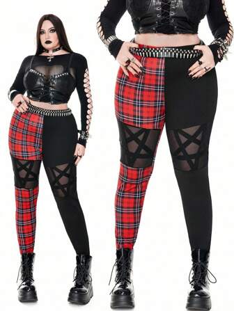 SHEIN Whyspr 大码撞色朋克五角星格子紧身裤