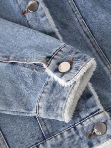 SHEIN Pre-Teen Boys' Vintage Blue Washed Relaxed Fit All-Match Denim Jacket With Faux Fur Collar & Lining, Simple & Fashionable Versatile Casual Outerwear Suitable For Autumn & Winter Fall - Medium Wash - View 6