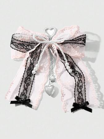 Kawaii 1 pieza Llavero/Encanto para bolso hecho a mano con perla blanca vintage, lazo de encaje rosa y negro, cadena multicapa con corazón y estrella de CCB, elegante y con estilo, adecuado para mujeres y niñas, gran regalo
