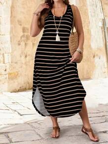 Breezaya Plus Size Casual Striped Sleeveless Split Hem Dress, Summer Maxi Women Outfit - Multicolor - View 6