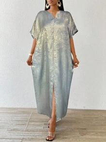 SHEIN Lady 2025 New Holiday Dresses Four Season/Wedding Guest/Church Attire/Prom Dress/Gold Skirt/Dinner Outfit/Gold Women's Satin Jacquard Front Slit Dress, Casual Party Elegant - Gray Blue - View 6