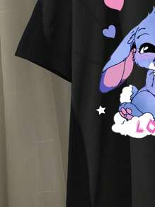 女童可爱兔子卡通印花圆领短袖T恤和紧身针织喇叭裤黑色可爱两件套 - 黑色 - 查看 6