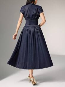 Heiryn 女式纯色前扣V领优雅短袖中长连衣裙 - 藍色 - 查看 7