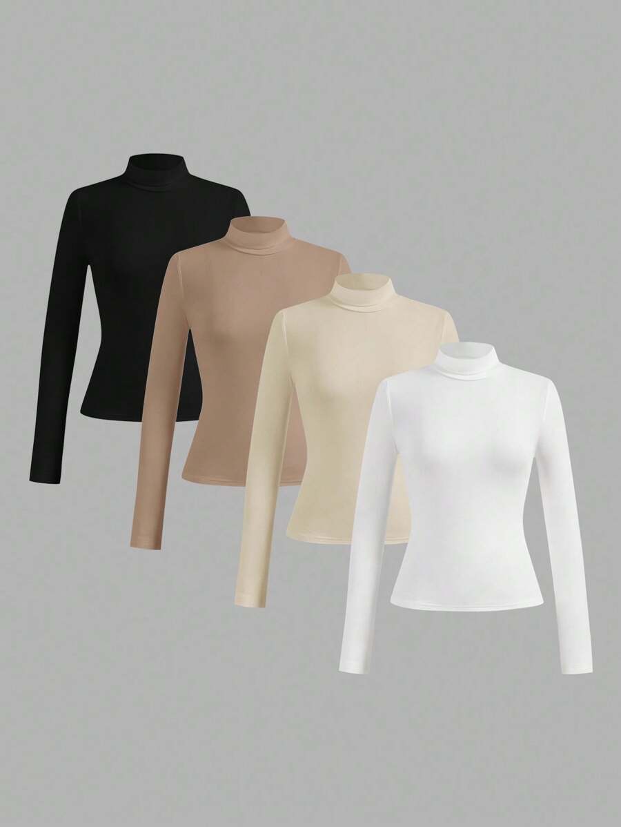SHEIN Essnce 4 件套女士休闲修身立领长袖 T 恤，秋冬 - 彩色 - 查看 1