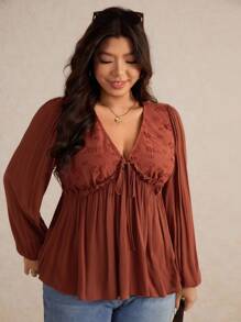 Elaquor 大码休闲度假纯色镂空刺绣拼布灯笼袖衬衫 - 鏽棕色 - 查看 4