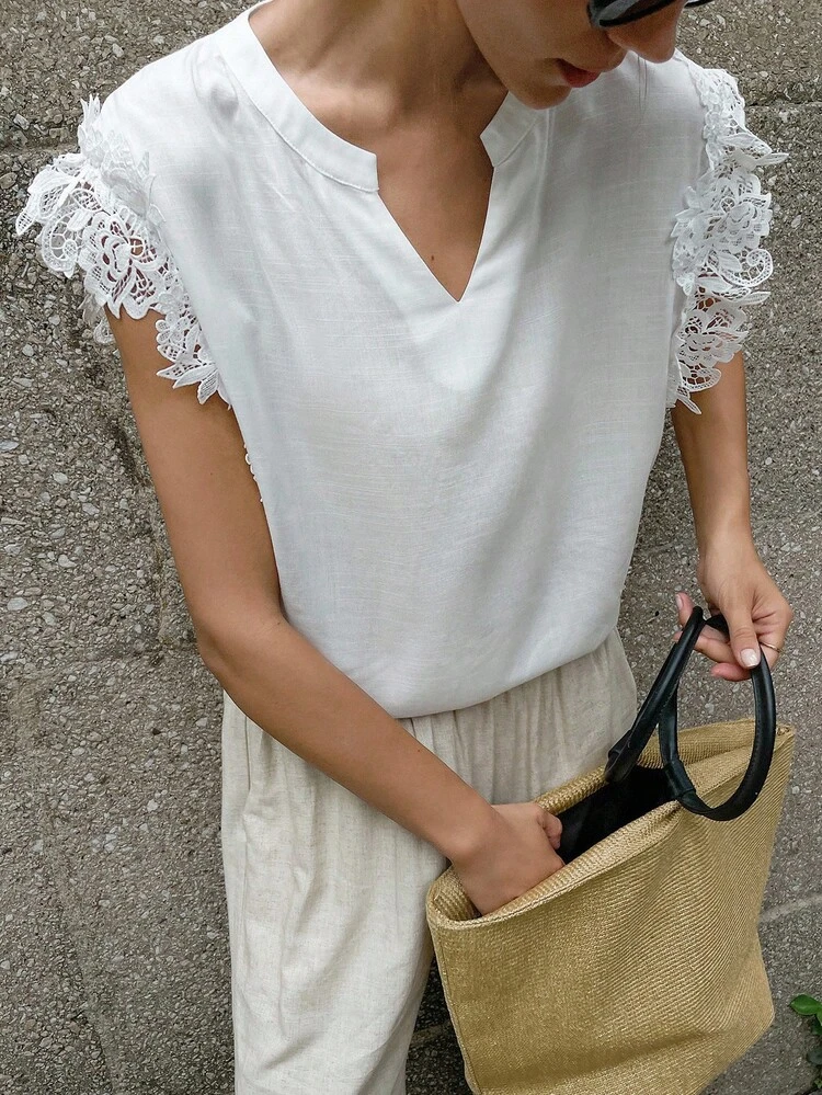 Women's Loose Fit V-Neck Casual Shirt With Ruffled Trim And Flutter Sleeves